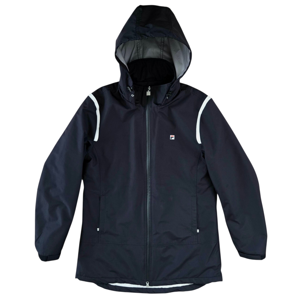 Fila Long Hooded Jacket Mens Size Large Navy Blue Full Zip Insulated Zip Pockets